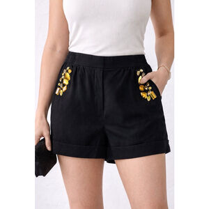 Studio F Black Embellished Dress Shorts Gold Crystal Detail Size S